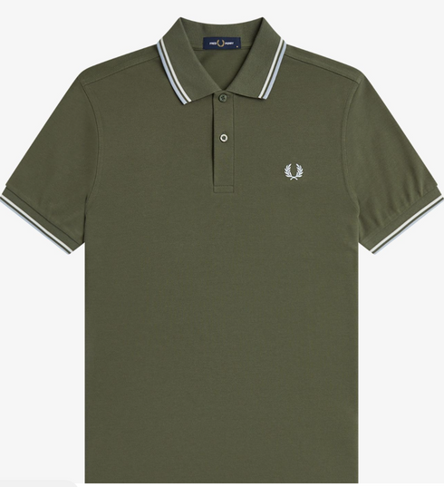 Fred Perry Twin Tripped Polo Laurel Wreath Green /Ecru/ Dusky Blue M3300-Q10