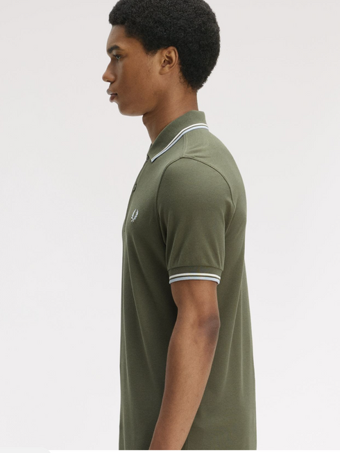 Fred Perry Twin Tripped Polo Laurel Wreath Green /Ecru/ Dusky Blue M3300-Q10
