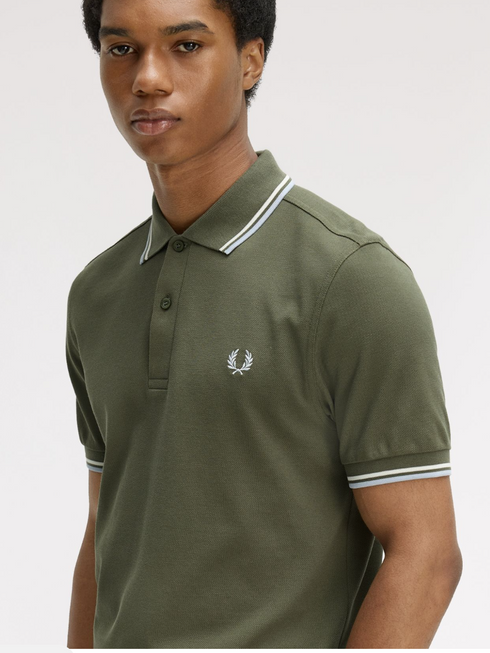 Fred Perry Twin Tripped Polo Laurel Wreath Green /Ecru/ Dusky Blue M3300-Q10