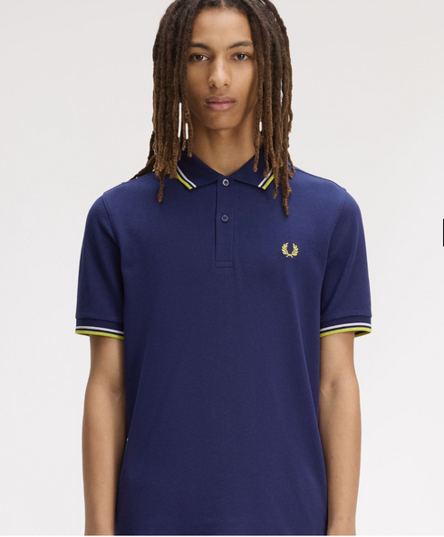 Fred Perry Twin Tripped Polo French Navy/Dusky Blue/ Citron