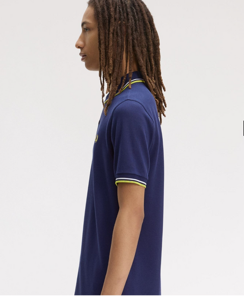 Fred Perry Twin Tripped Polo French Navy/Dusky Blue/ Citron